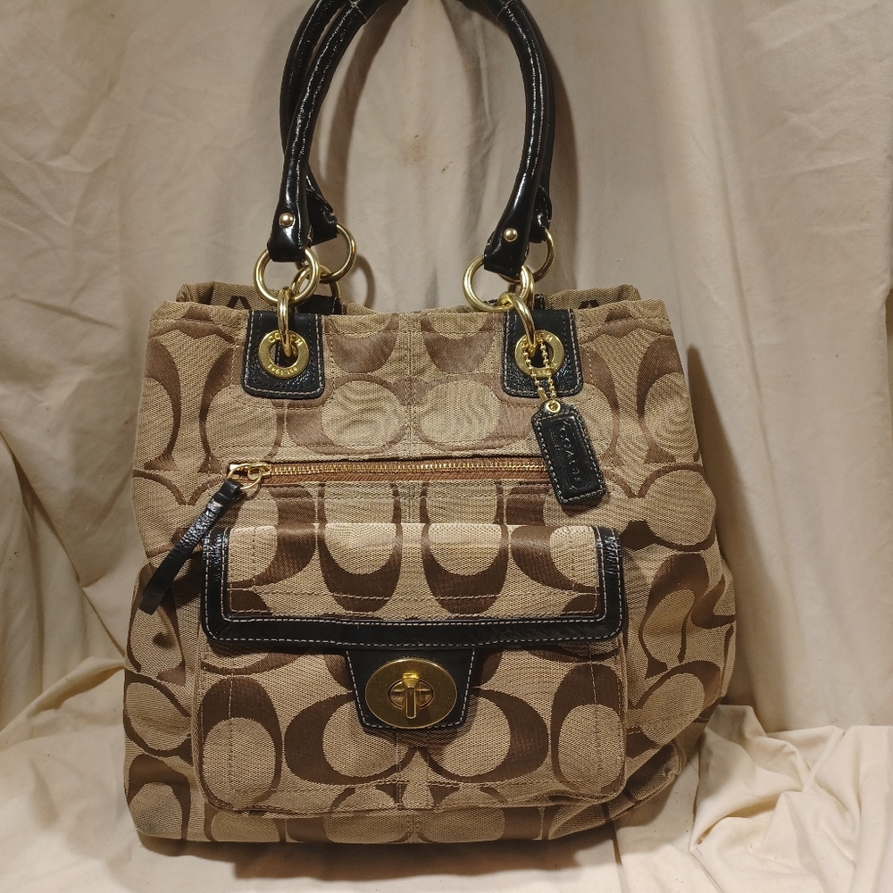 Coach Tan and Brown Signature Canvas Shoulder Bag with Black Trim